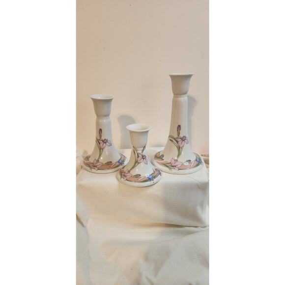 Wicks N Sticks Fiona Apricot Japan Porcelain Candle Holders Set of 3 Floral - Picture 1 of 8
